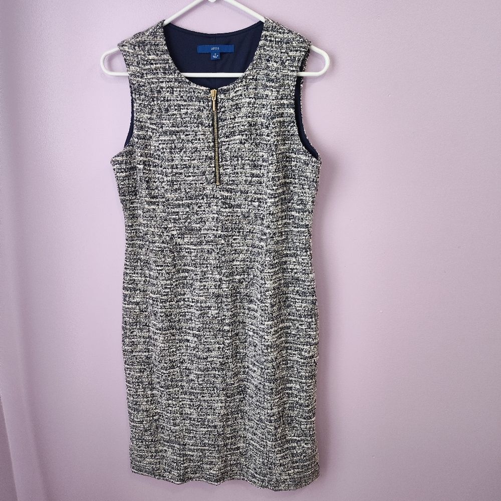 Apt 9 Dress Womens Small Navy Blue W/Cream and Gold Sparkles Sleeveless Career